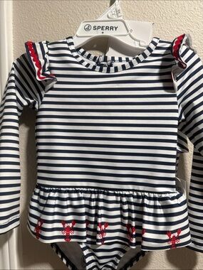 Sperry Navy & White Striped Long-Sleeve Rash Guard with Red Lobster Trim